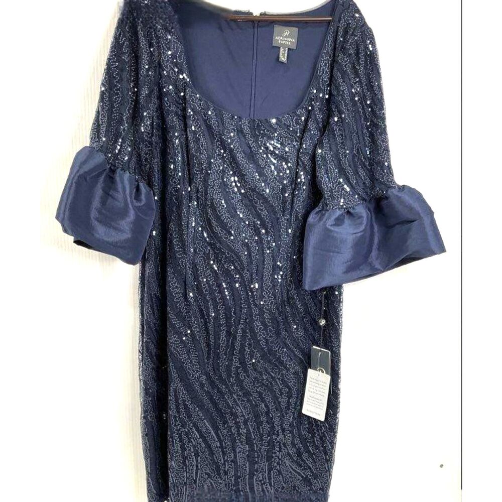 Adrianna Papell Sequin Embroidered Bell Sleeve Dress Navy Blue NWT - Size 16
